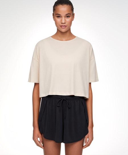 Oysho 100% Bavlnene Cropped Kratke-sleeved T-shirt Ecru | FMX567130