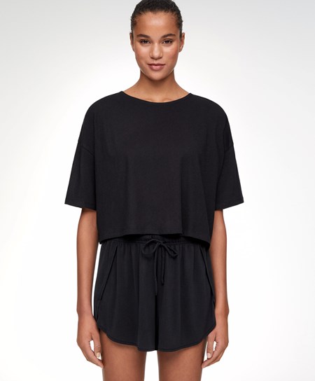 Oysho 100% Bavlnene Cropped Kratke-sleeved T-shirt Čierne | MQS540971