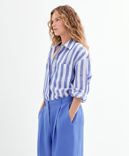 Oysho 100% Linen Long-sleeved Shirt Cobalt | FIJ472318