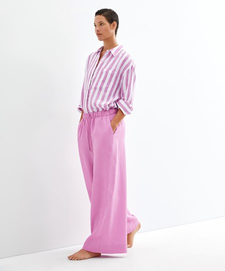 Oysho 100% Linen Long-sleeved Shirt Fuchsie | MCE216598