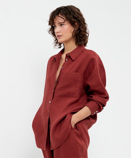 Oysho 100% Linen Long-sleeved Shirt Hnede | CHO057384