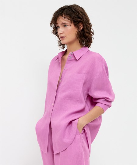 Oysho 100% Linen Long-sleeved Shirt Ruzove | DYA809276