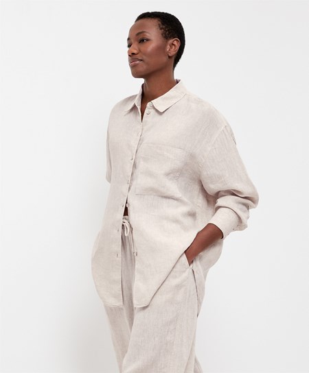 Oysho 100% Linen Long-sleeved Shirt Sand Melange | XVA835046