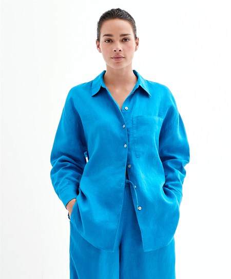 Oysho 100% Linen Long-sleeved Shirt Turquoise-blue | RZN367048