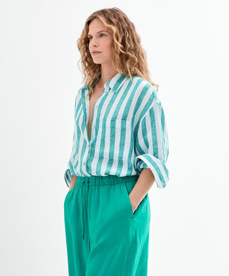 Oysho 100% Linen Long-sleeved Shirt Tyrkysové | POC827056