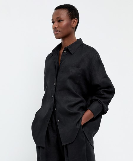 Oysho 100% Linen Long-sleeved Shirt Čierne | ZDC089716