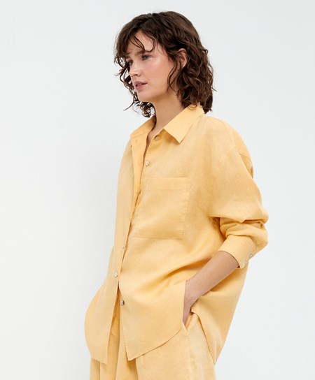 Oysho 100% Linen Long-sleeved Shirt Žlté | EYK082634