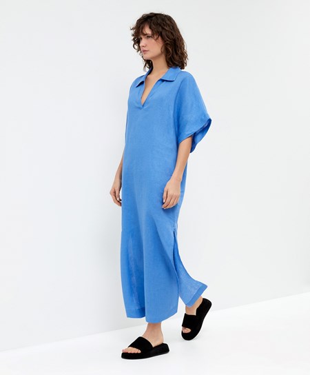 Oysho 100% Linen Polo Collar Tunic Saty Modre | EDY561937
