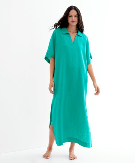 Oysho 100% Linen Polo Collar Tunic Saty Tyrkysové Zelene | TLA021964