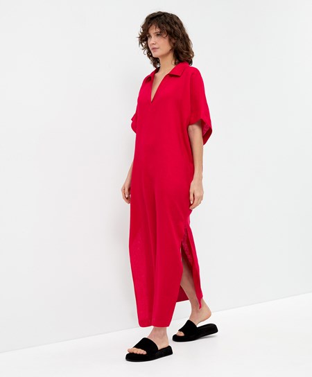 Oysho 100% Linen Polo Collar Tunic Saty Červené | UDJ163297