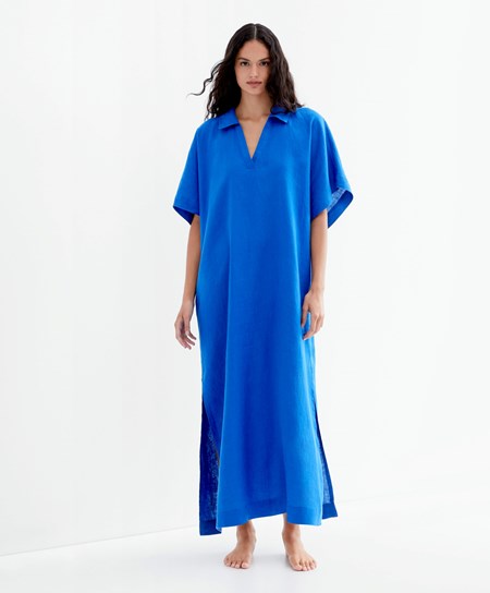 Oysho 100% Linen Polo Collar Tunic Saty Modre | YCM219873
