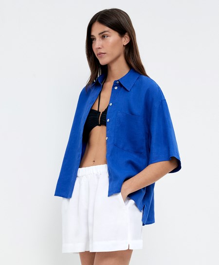 Oysho 100% Linen Shirt Modre | SAN517630