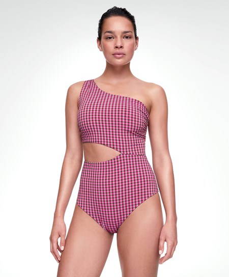 Oysho Asymmetric Gingham Trikini Červené | TJE185726