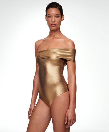 Oysho Asymmetrical Bandeau Swimsuit Zlate | UKX560793