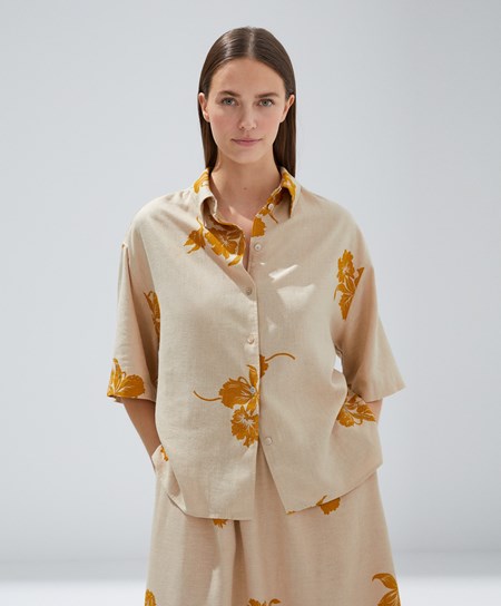 Oysho Bead Embroidery Kratke-sleeved Linen Shirt Sand | AFY986041