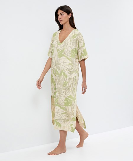 Oysho Beaded Embroidery Linen Midi Tunic Pale Pistachio | TZD284036