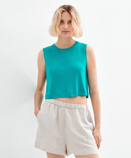 Oysho Bez Rukavov Linen T-shirt Tyrkysové Zelene | UGZ103465