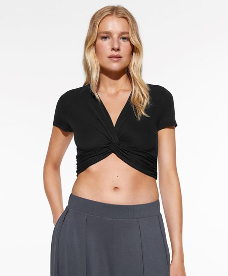 Oysho Crop Modal Knot T-shirt Čierne | QSU493580