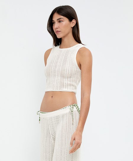 Oysho Cropped Crochet Top Bone Whte | JXR531962