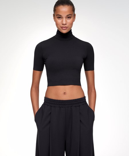 Oysho Cropped T-shirt With Raised Neck Čierne | KNI760452