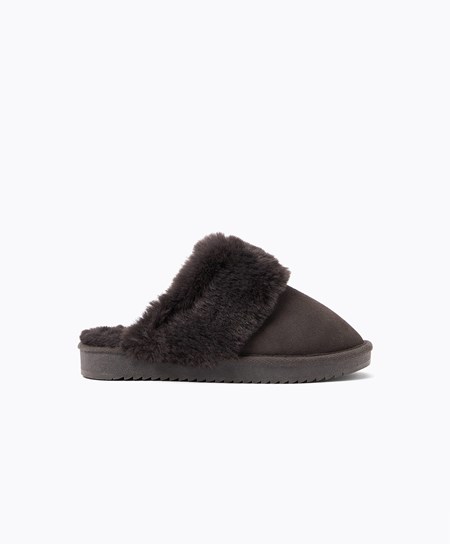 Oysho Cuff Split-leather Slippers Siva | FEN047318