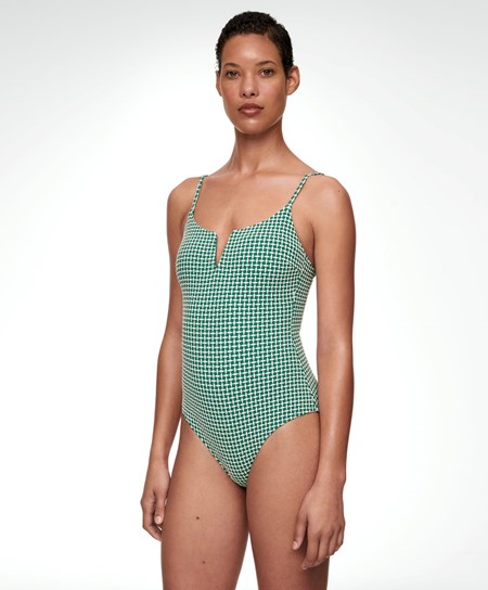 Oysho Ditsy Geometric Notched Neckline Swimsuit Zelene | HBR479213