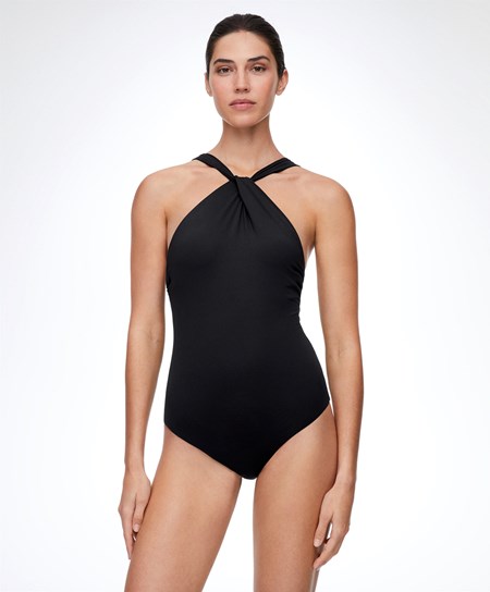 Oysho Draped Halter Swimsuit Čierne | SGF986321