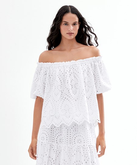 Oysho Embroidered 100% Bavlnene Off-shoulder Top Biele | ORQ106427