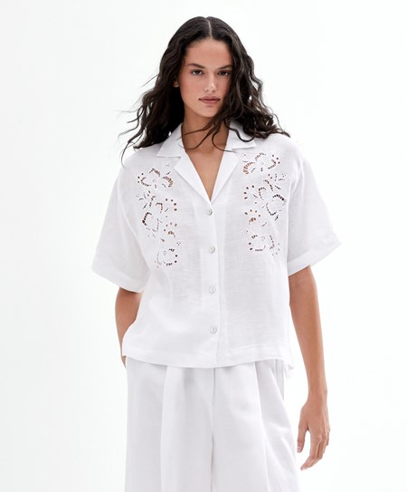 Oysho Embroidered 100% Linen Kratke-sleeved Shirt Biele | MLB854910