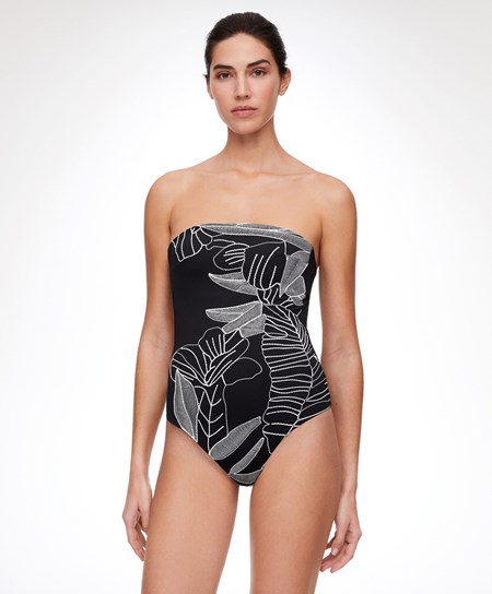 Oysho Embroidered Bandeau Swimsuit Čierne | SFJ614290