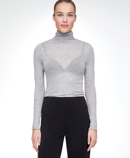 Oysho Extra-fine Long-sleeved T-shirt With High Neck Siva | VDU287605