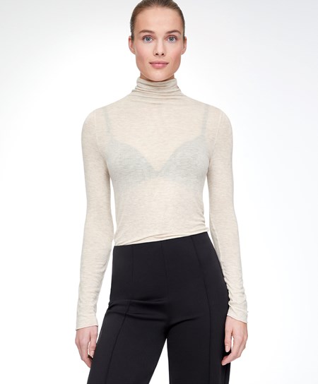 Oysho Extra-fine Long-sleeved T-shirt With High Neck Sand Melange | ZSN598360