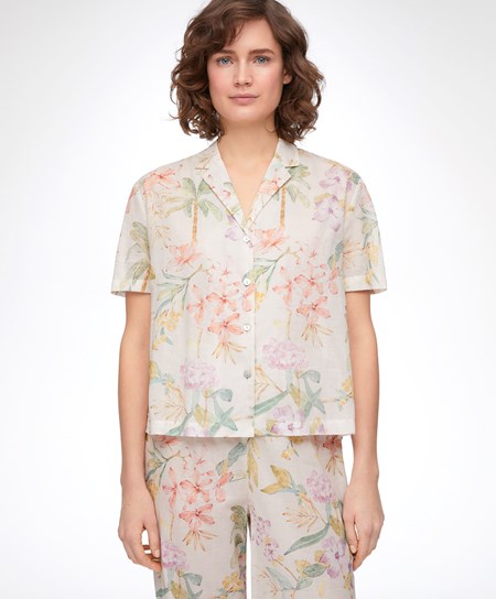Oysho Floral 100% Bavlnene Kratke-sleeved Shirt Vanilla | CXV106487