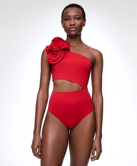 Oysho Floral Asymmetric Trikini Červené | GAY524076