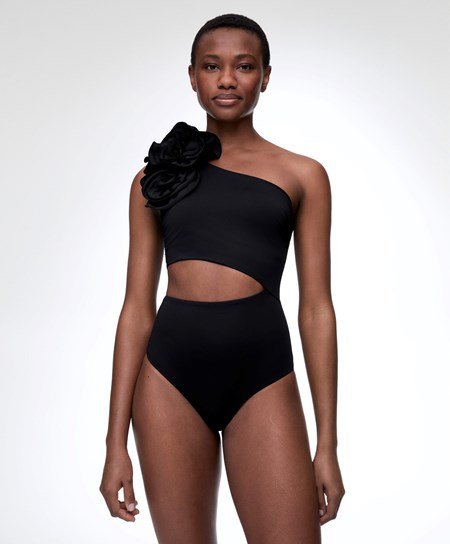 Oysho Floral Asymmetric Trikini Čierne | XBL239657