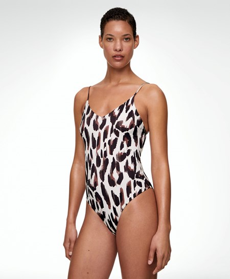 Oysho Leopard Print V-neck Swimsuit Ecru | OKS293076