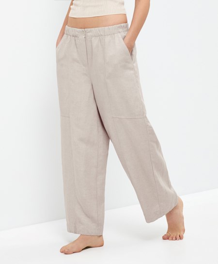 Oysho Linen Barrel Trousers Sand Melange | RJK780452