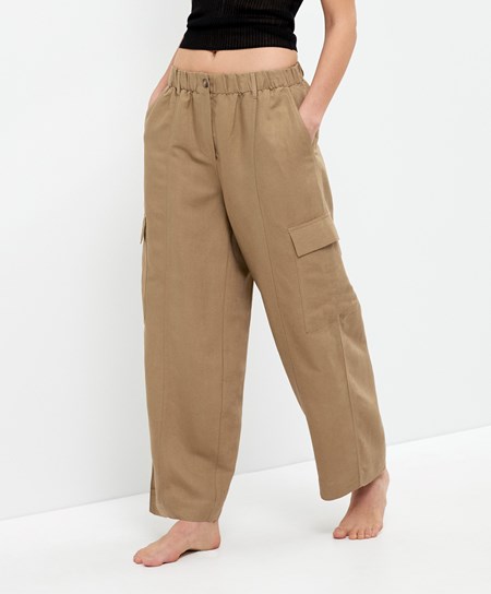 Oysho Linen Cargo Trousers Tan | PQZ841372