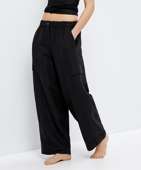 Oysho Linen Cargo Trousers Čierne | ZSC657832
