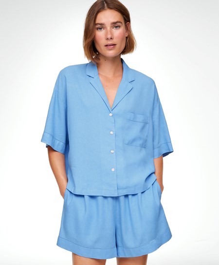 Oysho Linen Kratke-sleeved Shirt Modre | RGJ357618