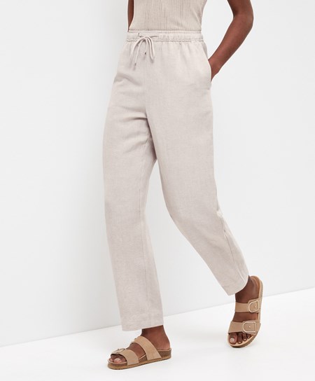 Oysho Linen Relaxed Fit Trousers Sand Melange | SWX529136