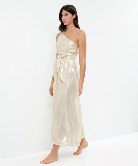 Oysho Long Asymmetric Silk Saty With Metallic Thread Biele Zlate | LSV514836
