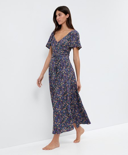 Oysho Long Floral Saty Plum | XUR213587