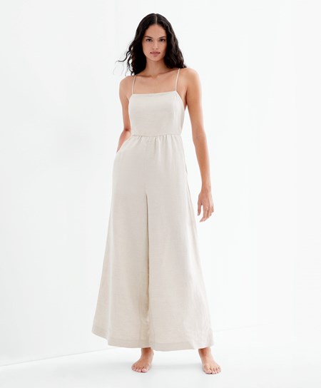 Oysho Long Linen Jumpsuit Sand Melange | HCR036142