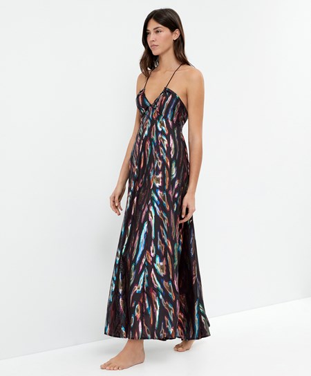 Oysho Long Printed Remienkové Saty Čierne | YKE132749
