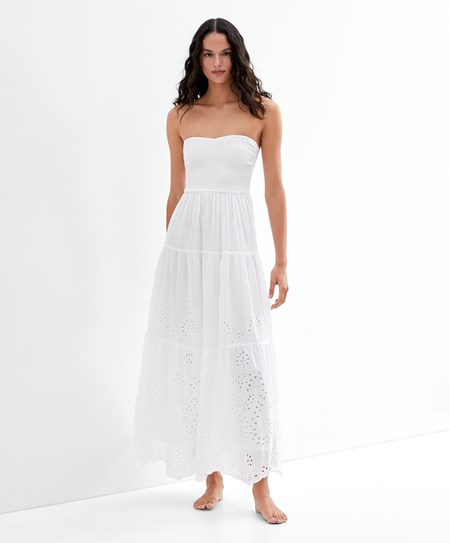 Oysho Long Saty In 100% Bavlnene Broderie Anglaise Biele | DEF296075