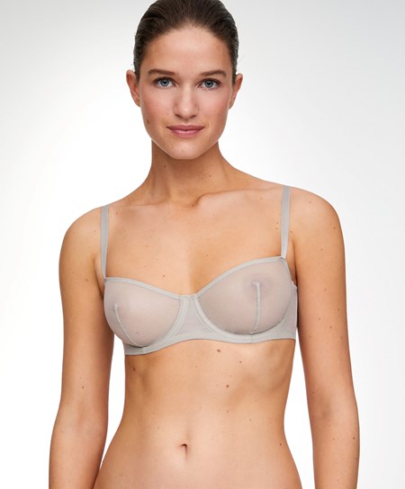Oysho Non-padded Underwired Balconette Bra In Shiny Tulle Strieborne | QYP467539