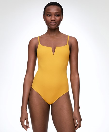 Oysho Piqué V-neck Swimsuit Mid-yellow | ZJM469301