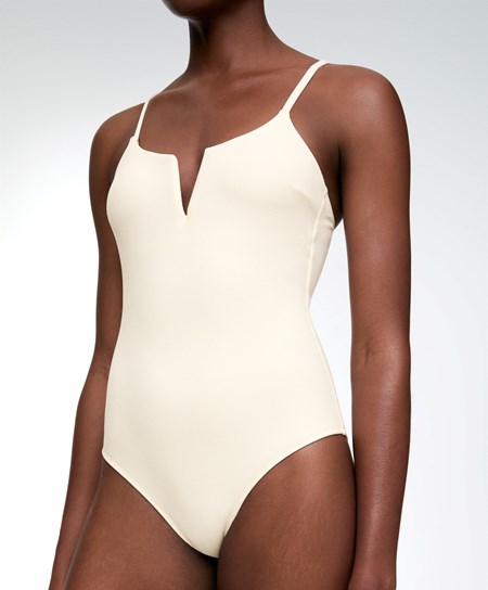 Oysho Piqué V-neck Swimsuit Vanilla | UEZ095782
