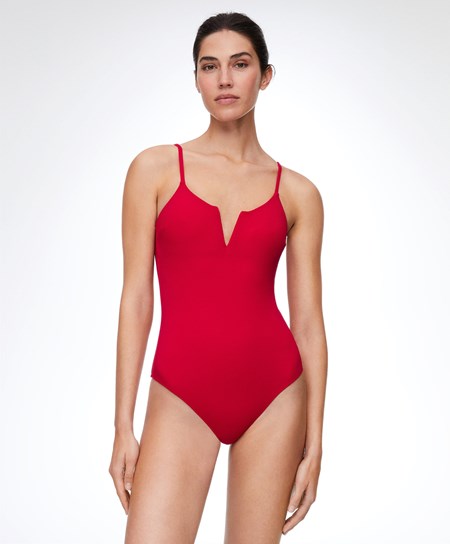 Oysho Piqué V-neck Swimsuit Červené | QIK406957